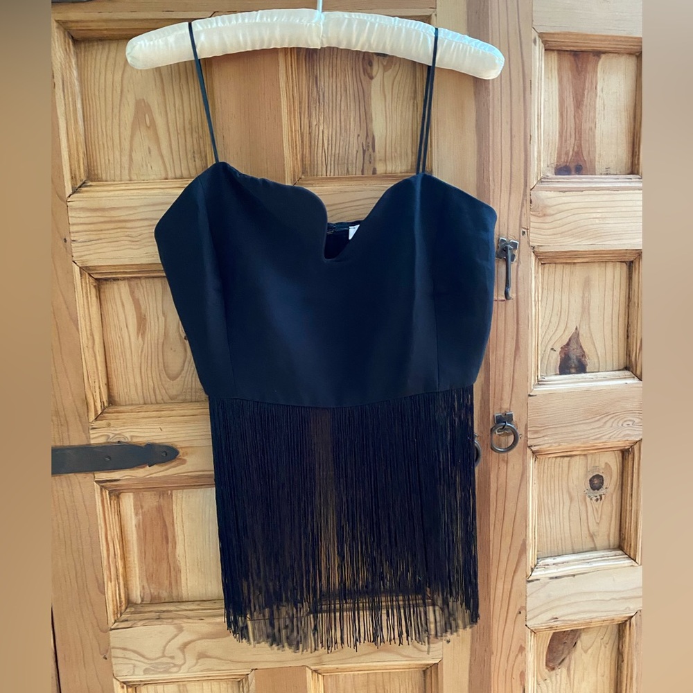 Lily Maes Black Spaghetti Strap Fringe Puzzle Top